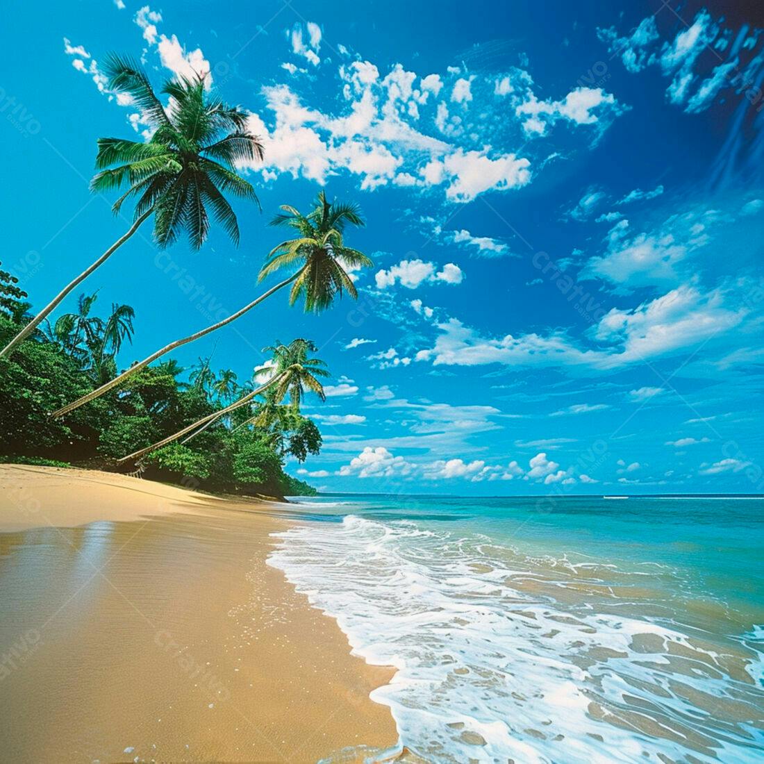 Praia paradisíaca com coqueiros e mar azul turquesa