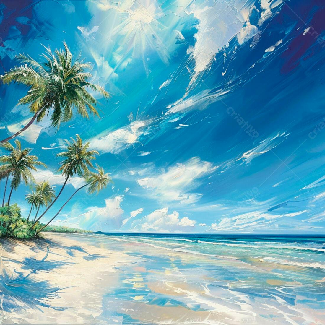 Praia tropical com coqueiros sob céu azul vibrante