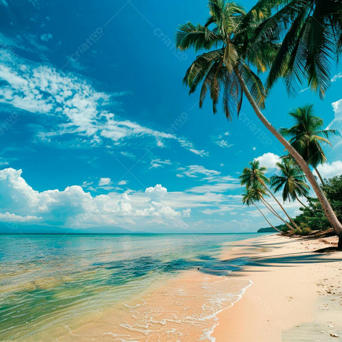Praia paradisíaca com coqueiros e mar azul turquesa