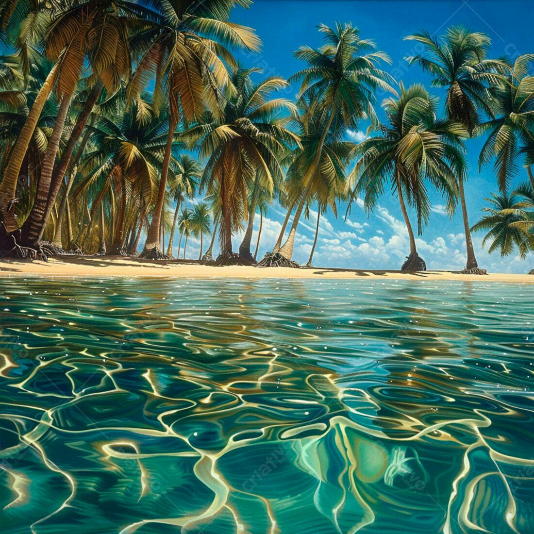 Praia tropical com coqueiros e água cristalina