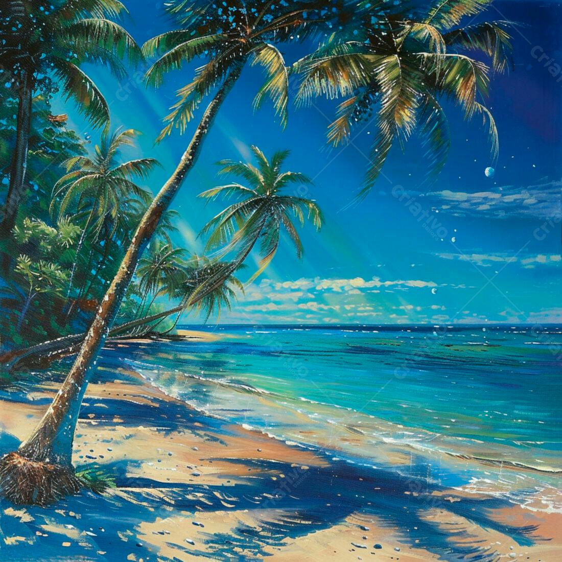 Praia tropical com coqueiros e mar azul turquesa
