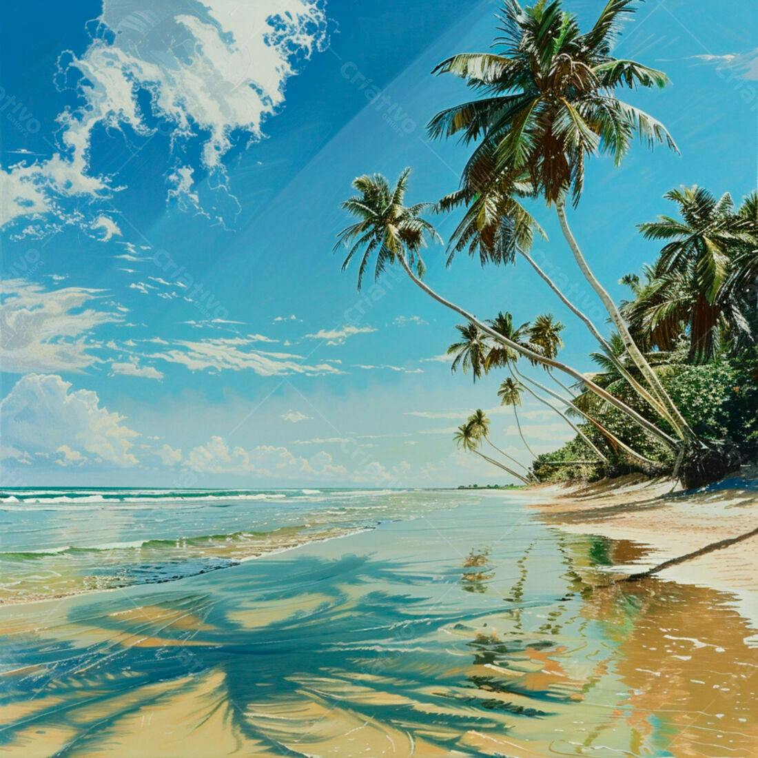 Praia tropical com coqueiros e mar azul