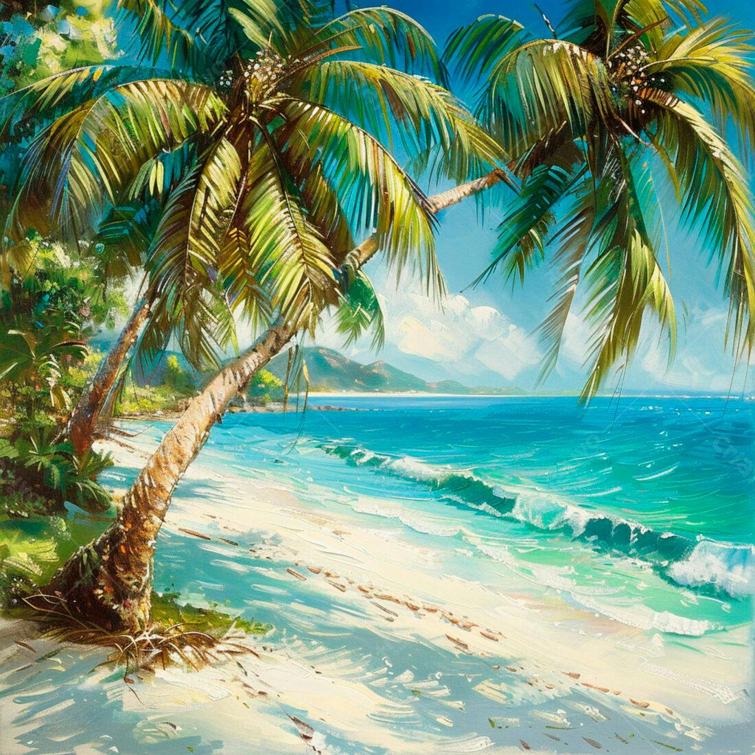 Praia tropical com coqueiros e mar azul turquesa