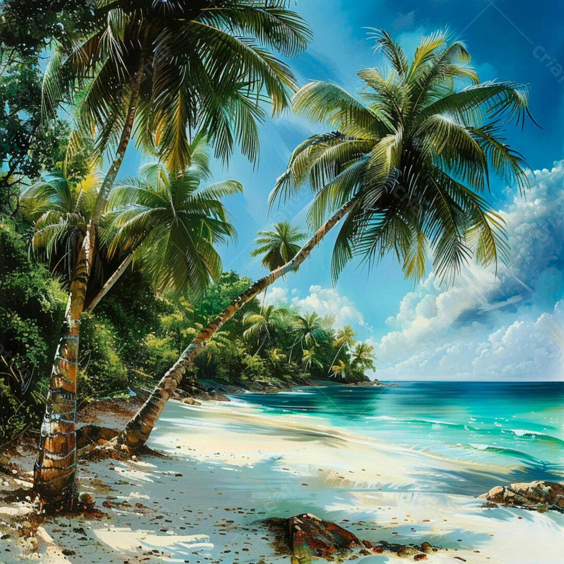 Praia tropical com coqueiros e mar azul turquesa