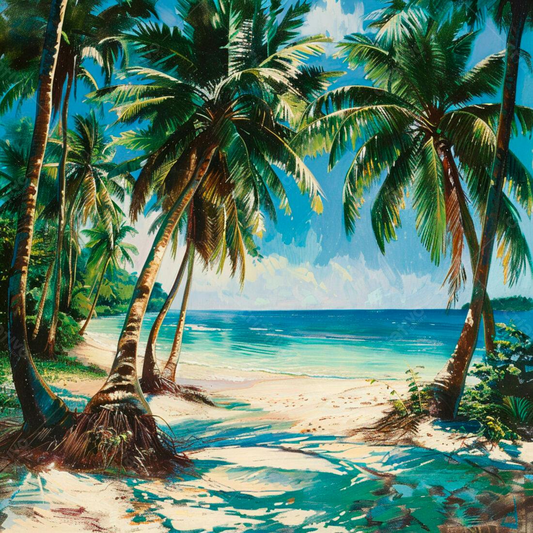 Praia tropical com coqueiros e mar azul