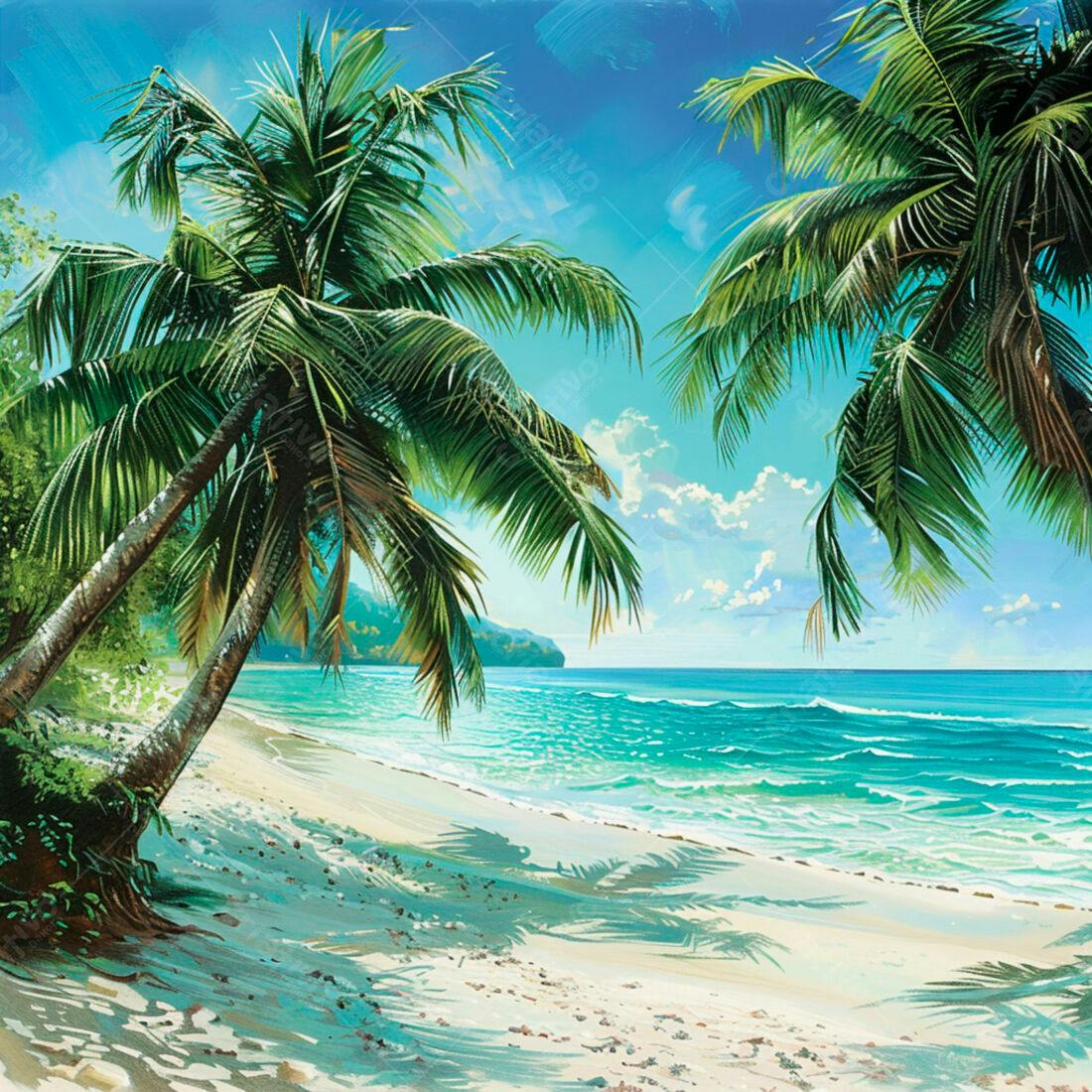 Praia tropical com coqueiros e mar azul turquesa