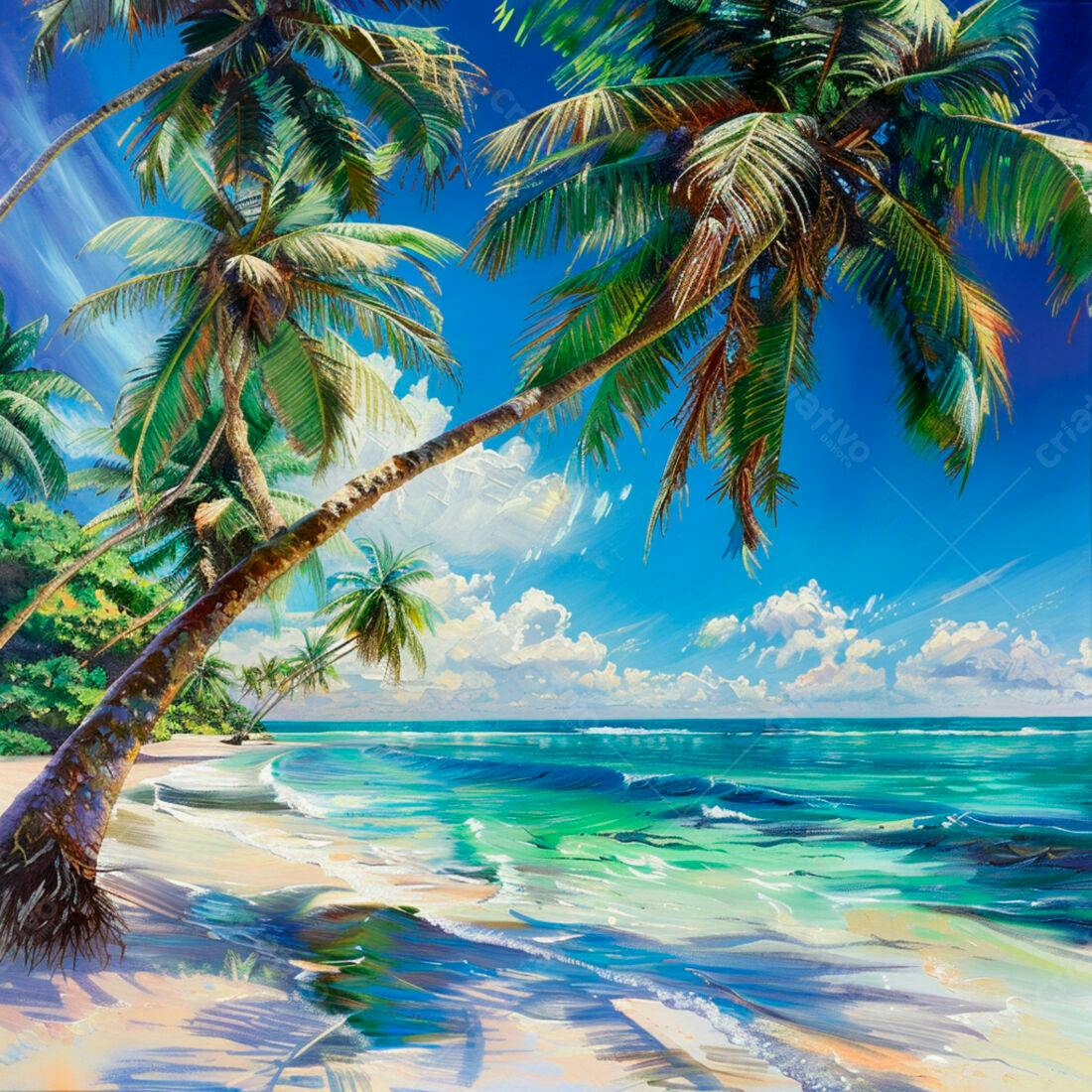 Praia tropical com coqueiros e mar turquesa