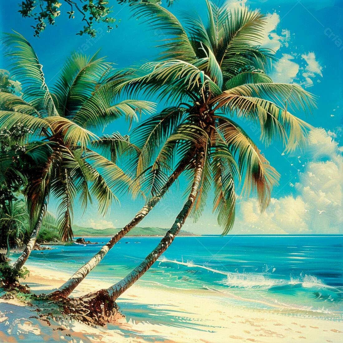 Praia tropical com coqueiros e mar azul turquesa