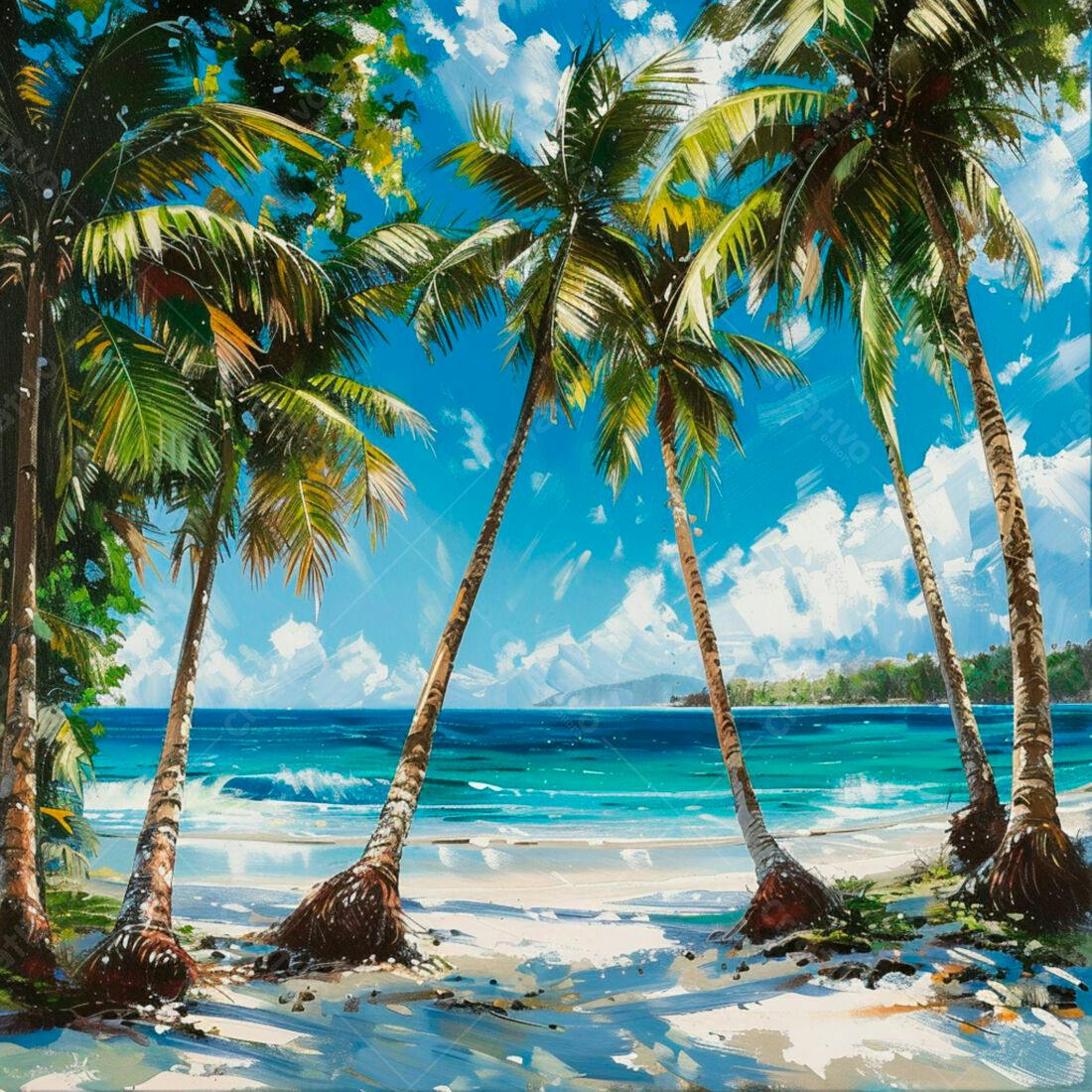 Praia tropical com coqueiros e mar azul turquesa