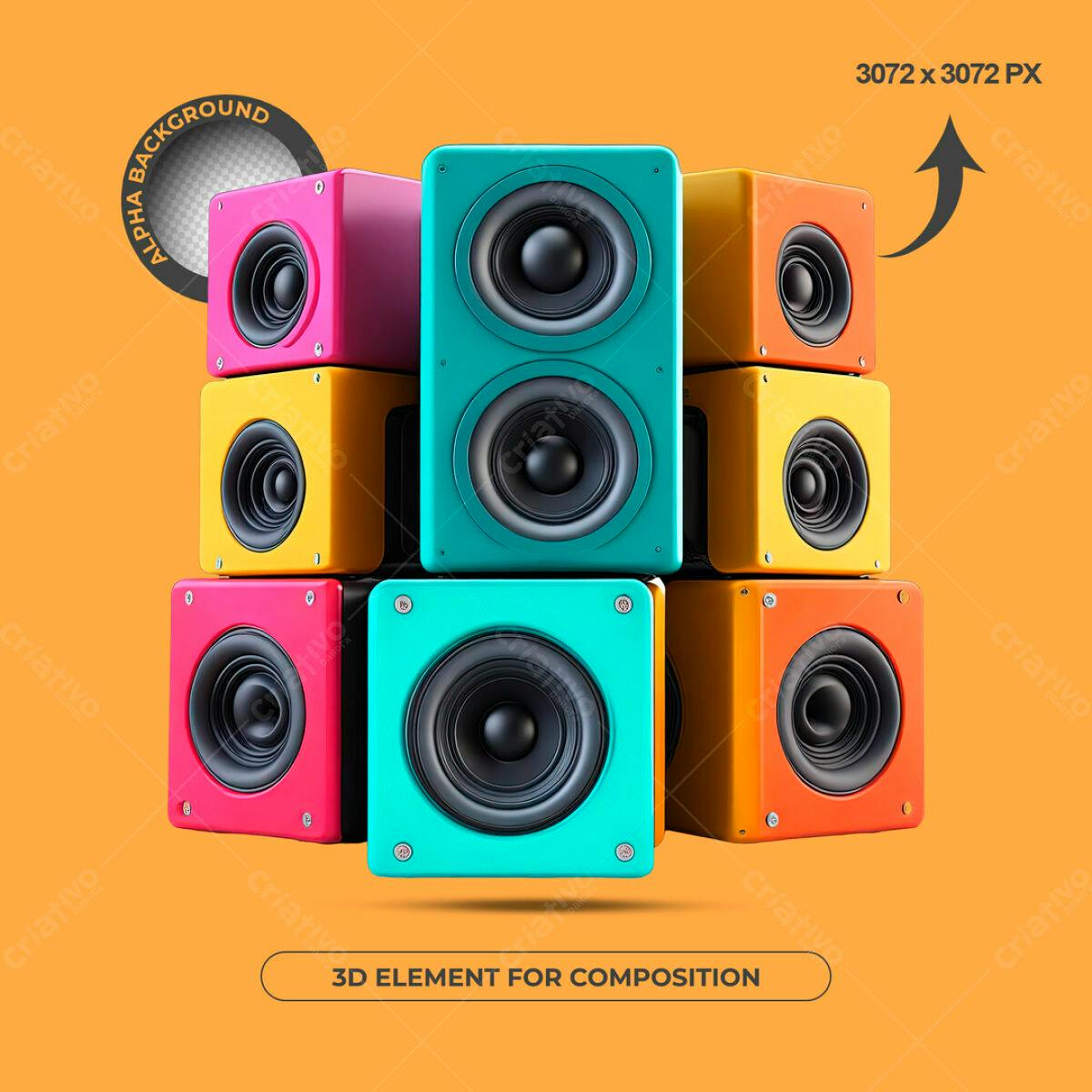 Elementos 3D Caixas de Som Coloridas PSD Editável