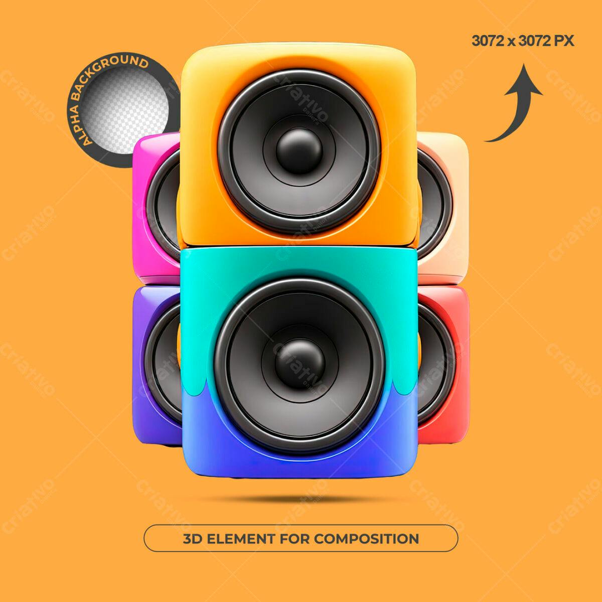 Elementos 3D Caixas de Som Coloridas PSD Editável
