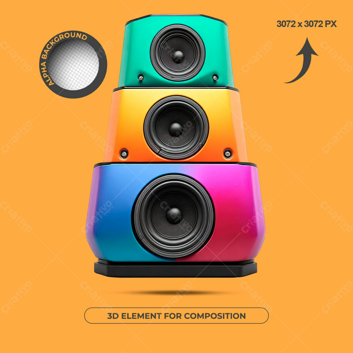 Elemento 3D Caixas de Som Coloridas PSD Editável