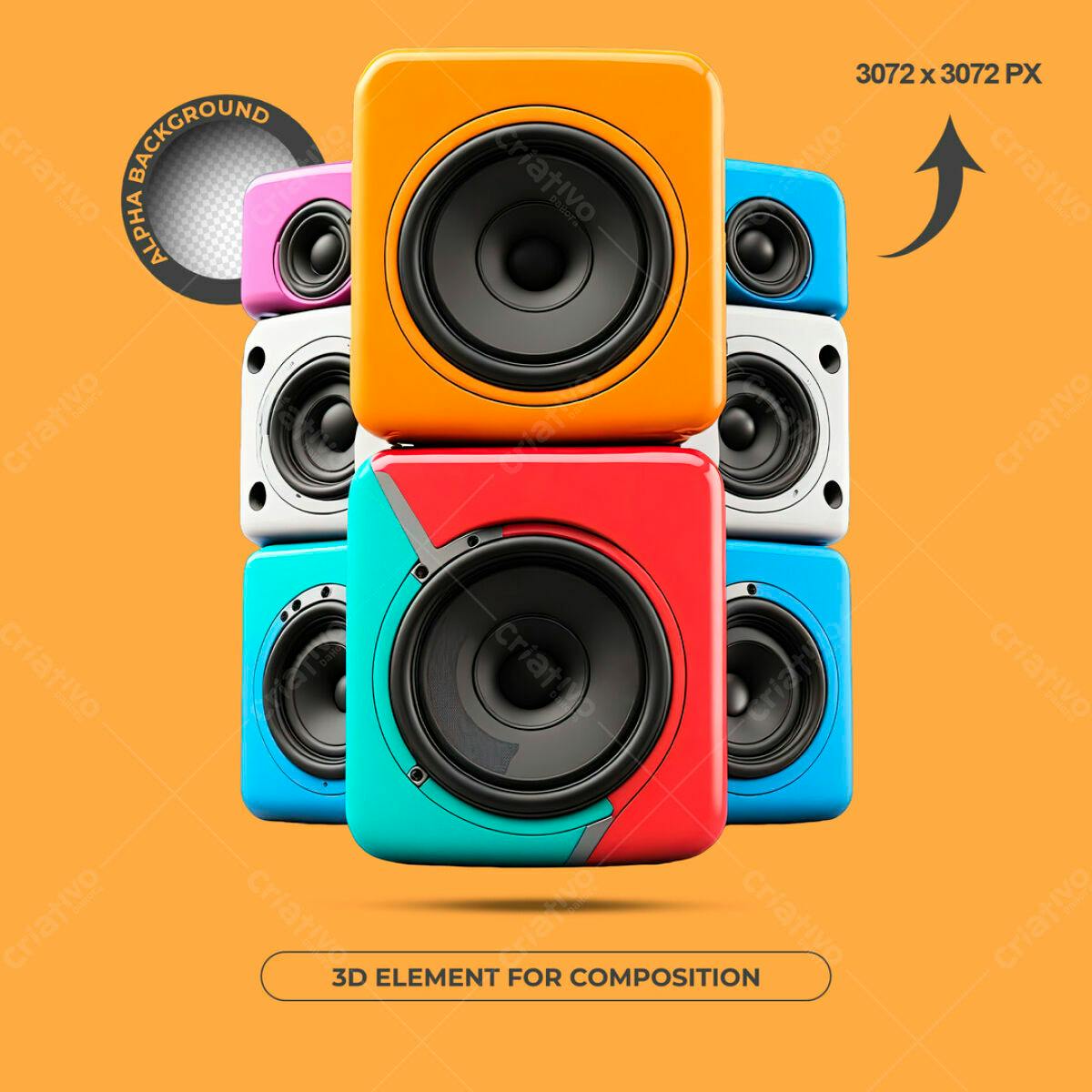 Elementos 3D Caixas de Som Coloridas PSD Editável
