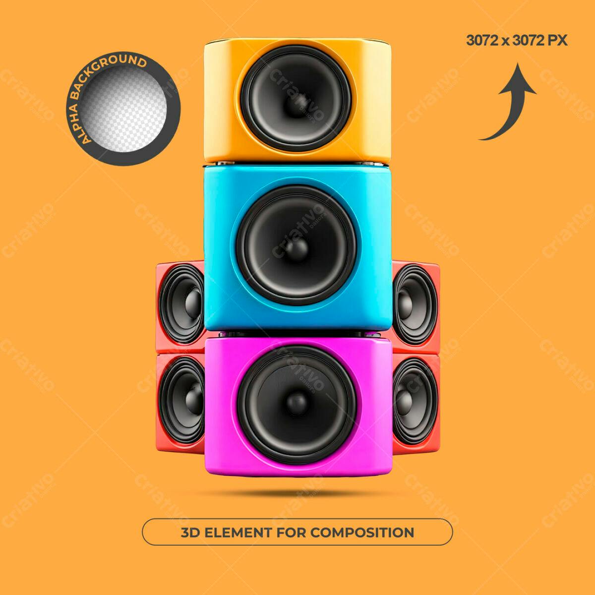 Elementos 3D Caixas de Som Coloridas PSD Editável