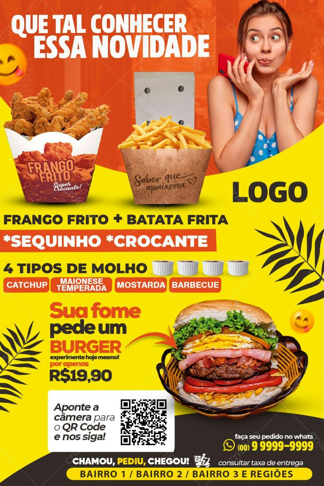 Flyer Promoção Lançamento Burger e Frango Frito PSD Editável