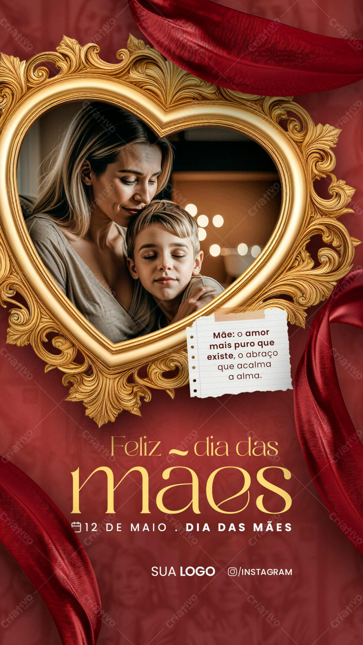 Flyer Dia das Mães com Moldura Dourada PSD Editável