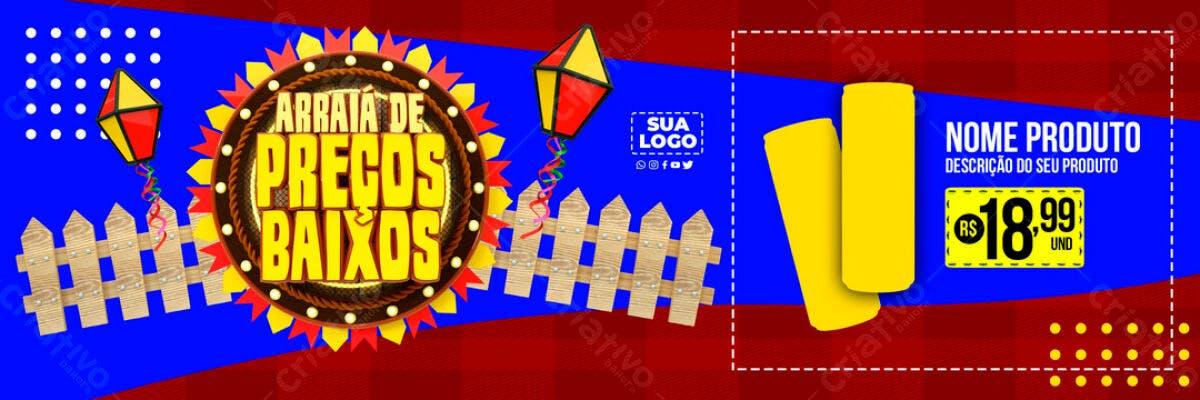 Banner Festa Junina Arraial de Preços Baixos PSD Editável
