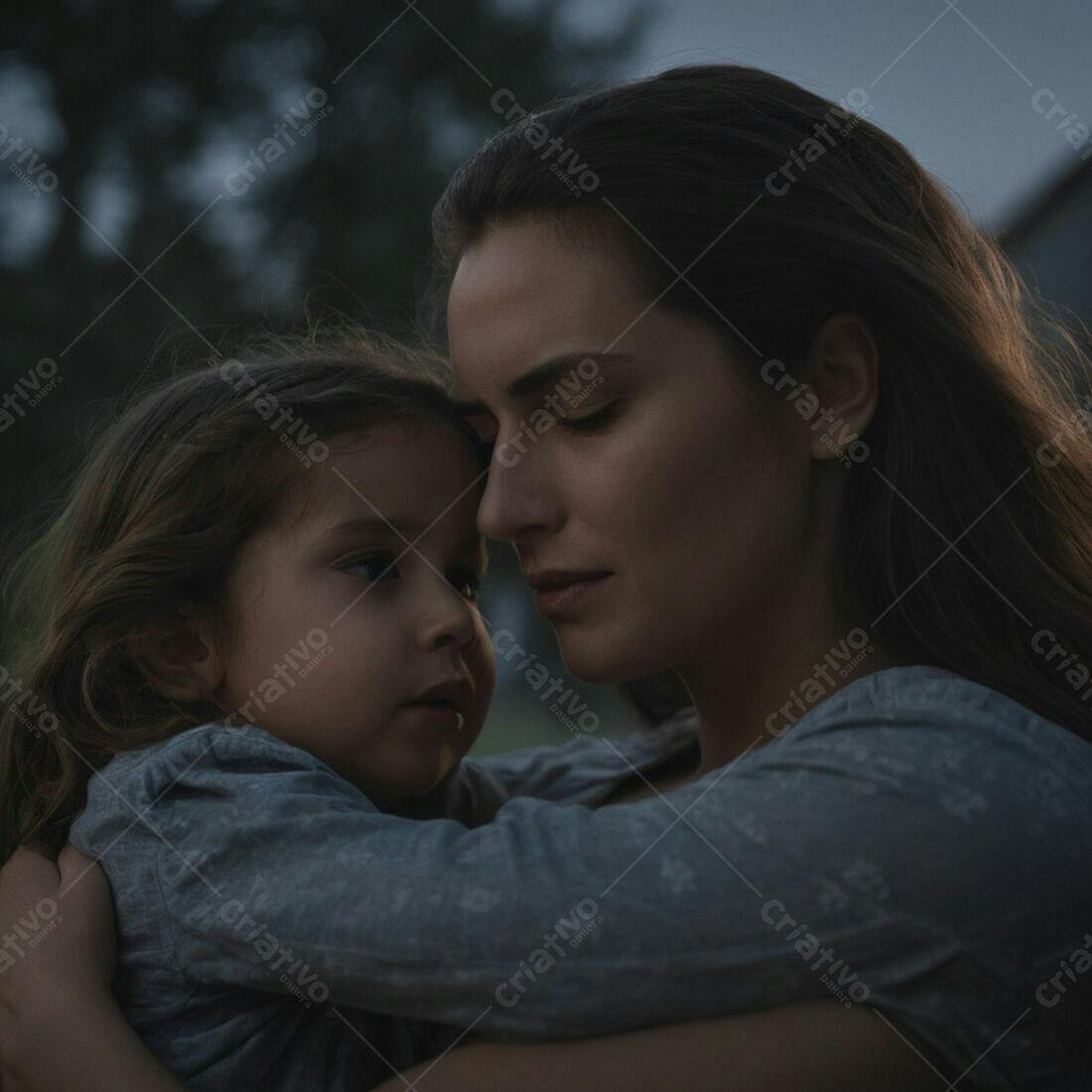 Mãe abraçando filha ao entardecer