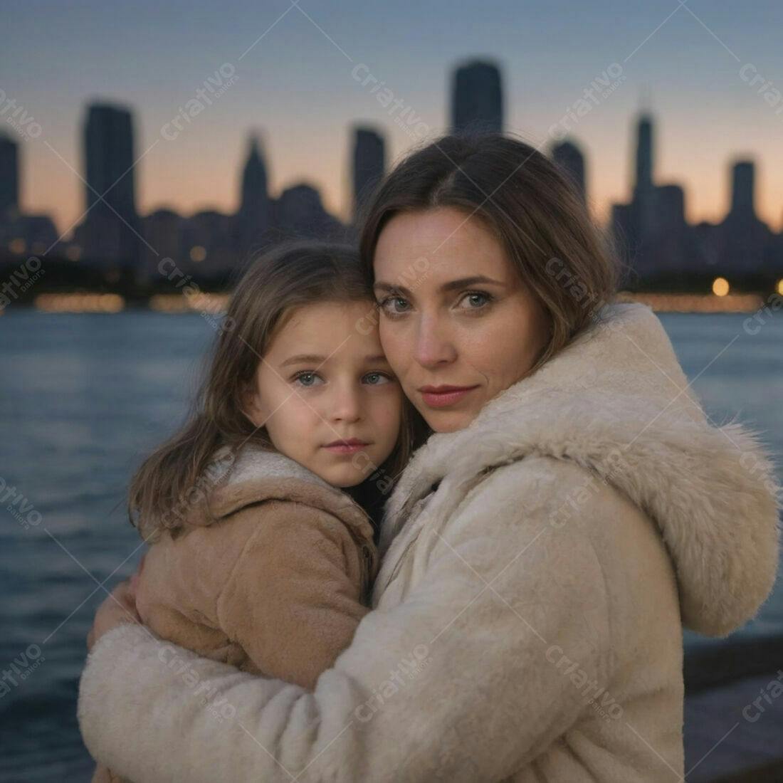Mãe e filha abraçadas ao entardecer
