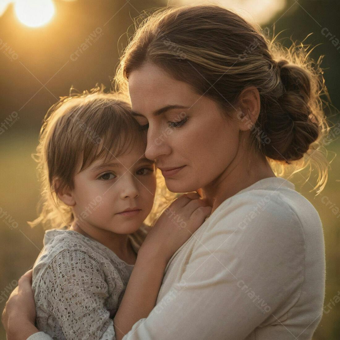 Mãe e filha abraçadas ao pôr do sol