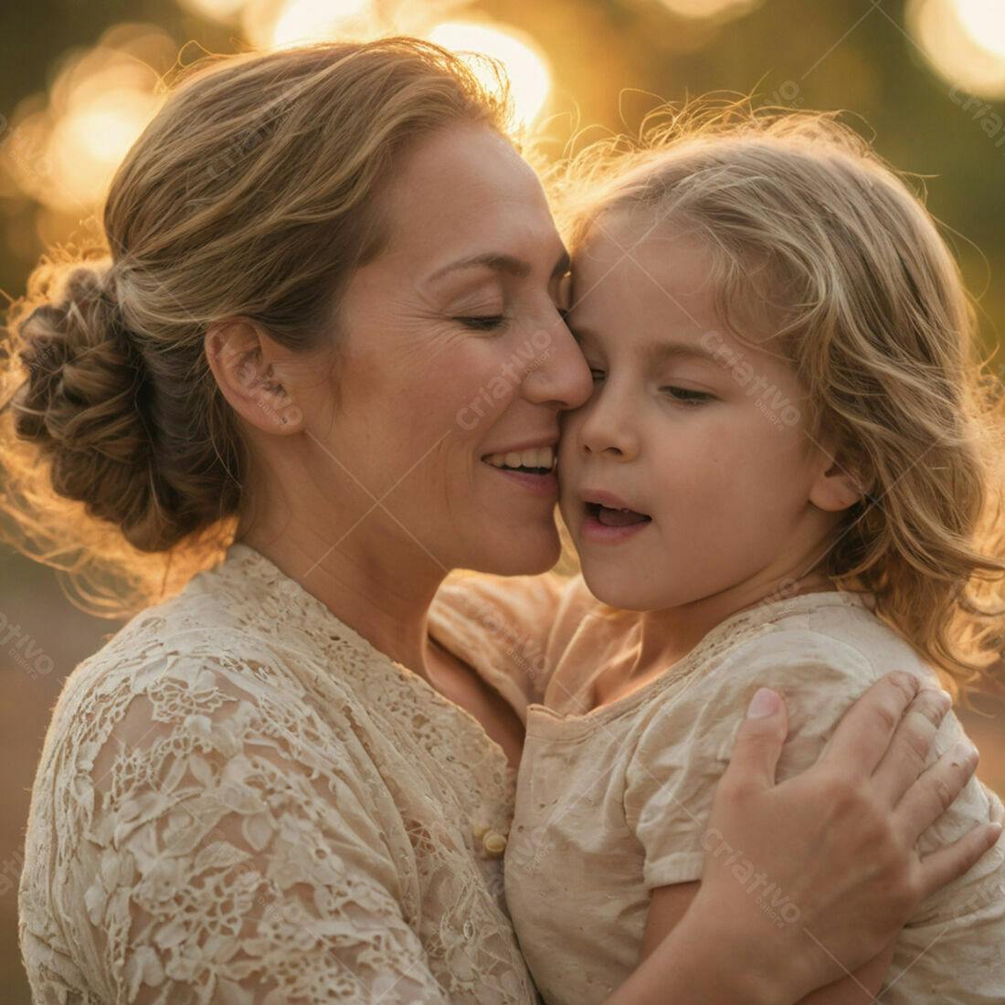 Mãe e filha abraçadas ao entardecer