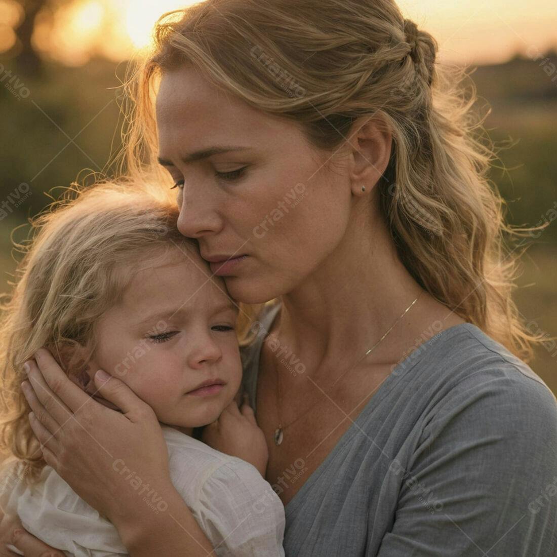 Mãe abraçando filha pequena ao entardecer