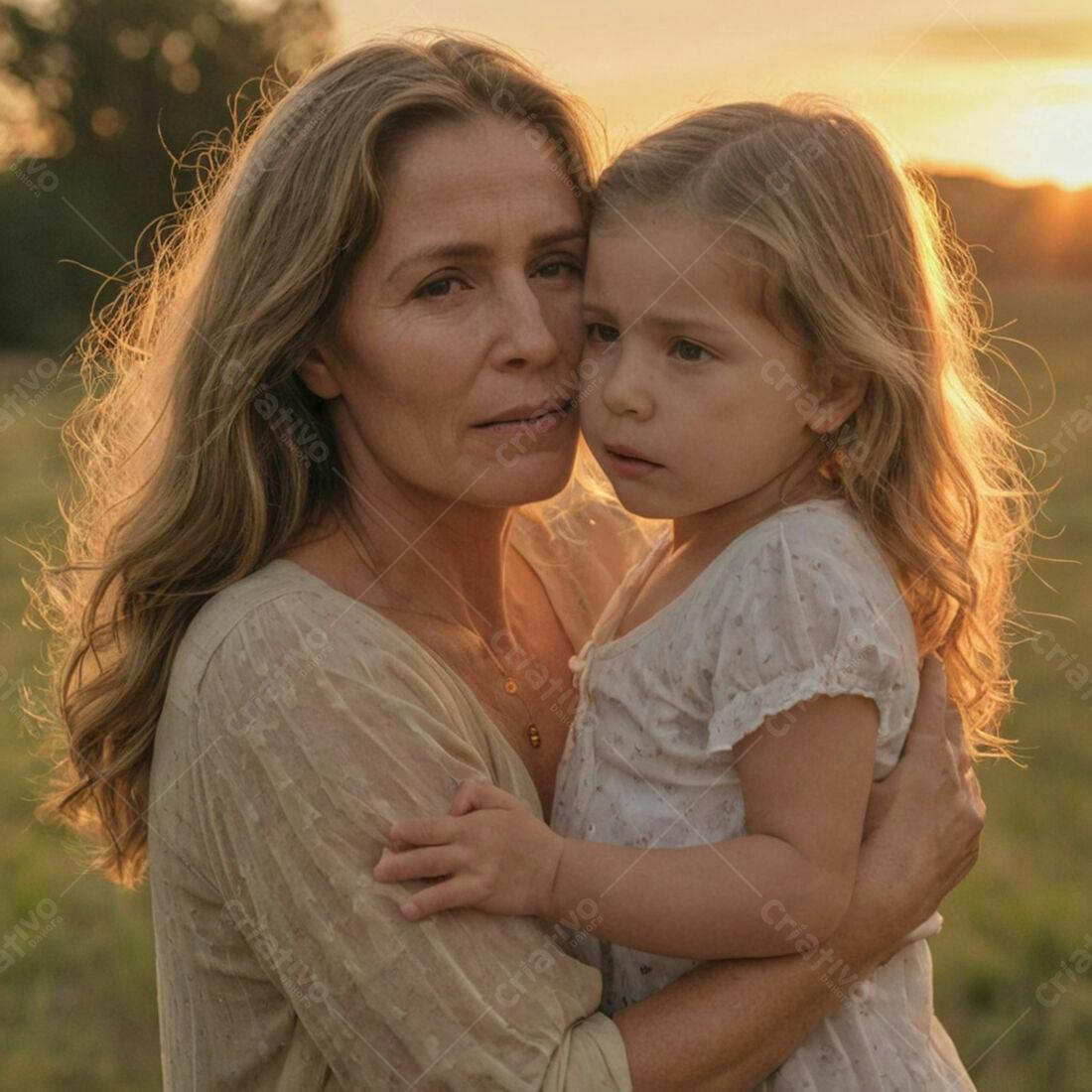 Mãe e filha abraçadas ao entardecer