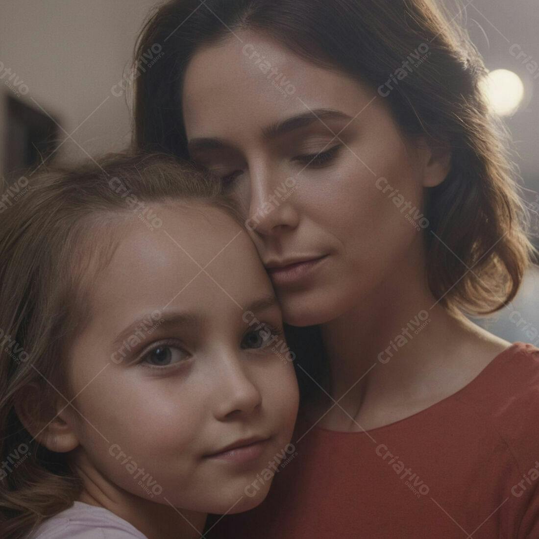 Mãe e filha abraçadas em casa