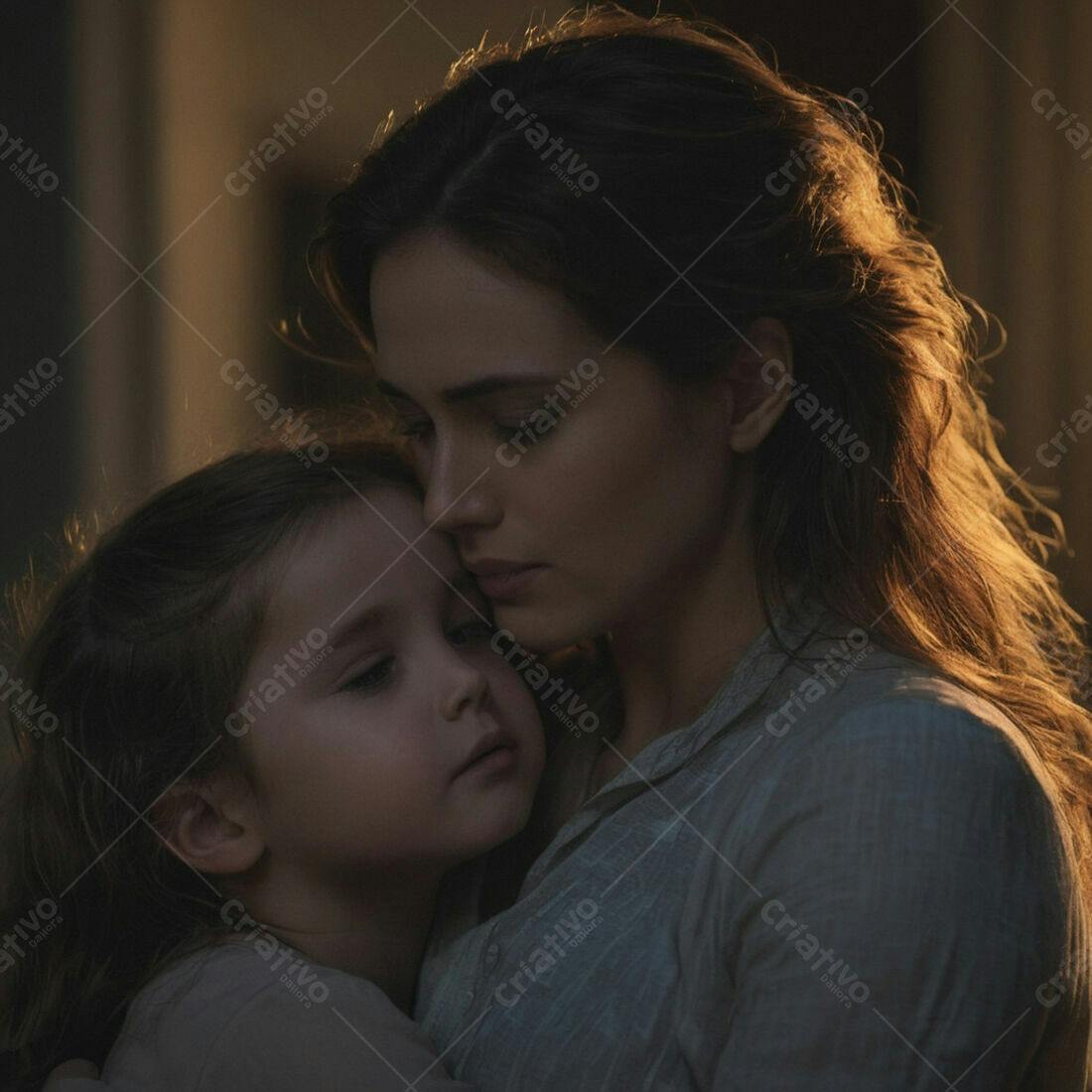 Mãe abraçando filha pequena em tom escuro