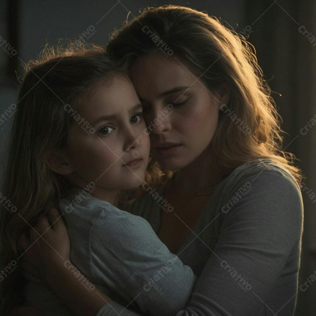 Mãe e filha se abraçando em tom escuro