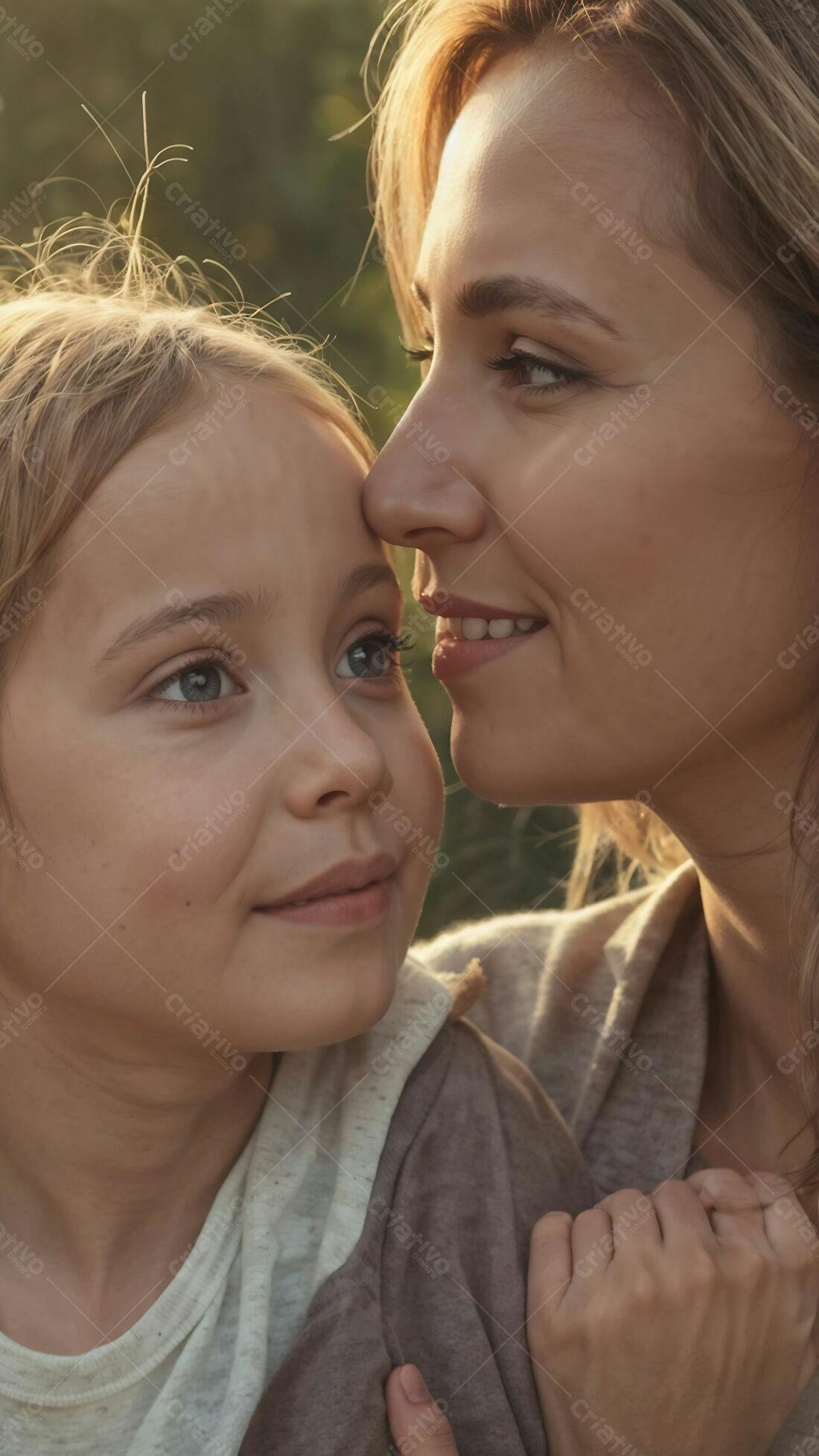 Mãe e filha abraçadas ao pôr do sol