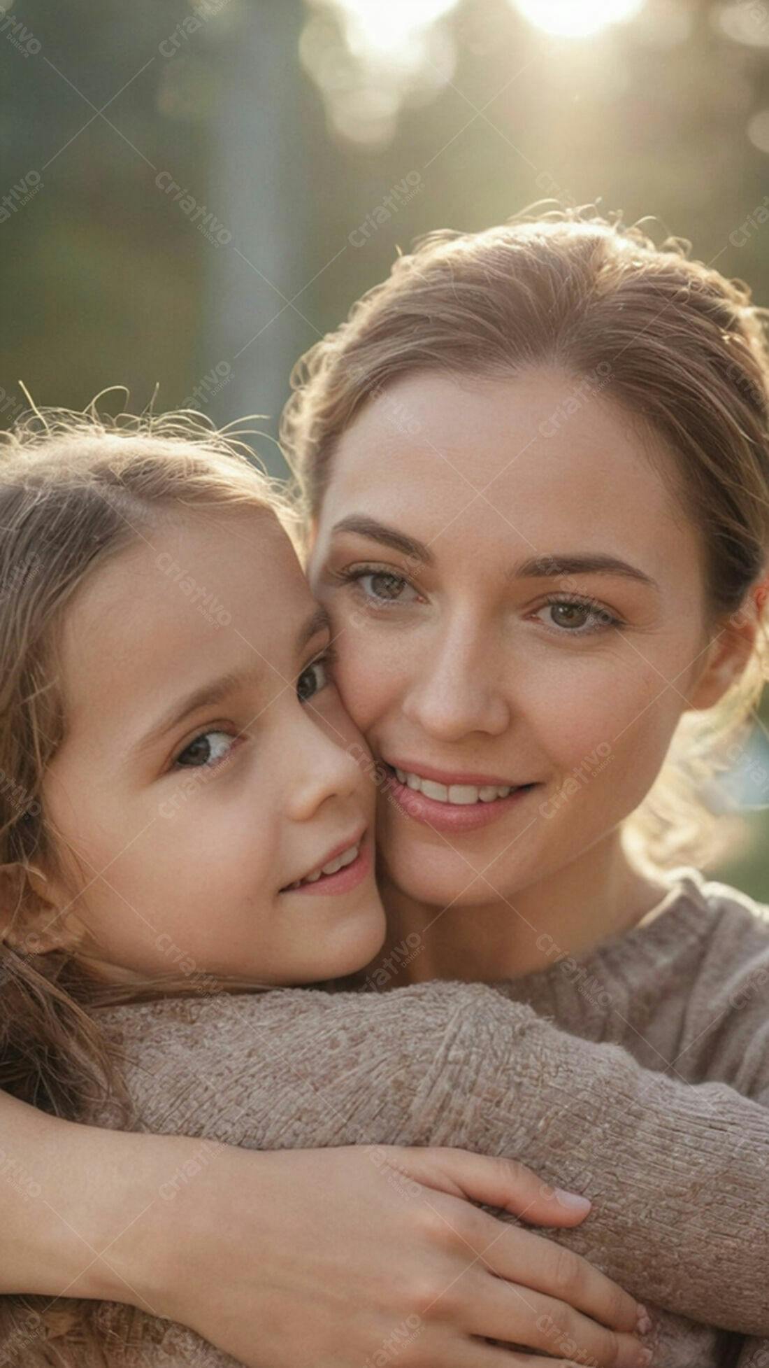Mãe e filha abraçadas em dia ensolarado
