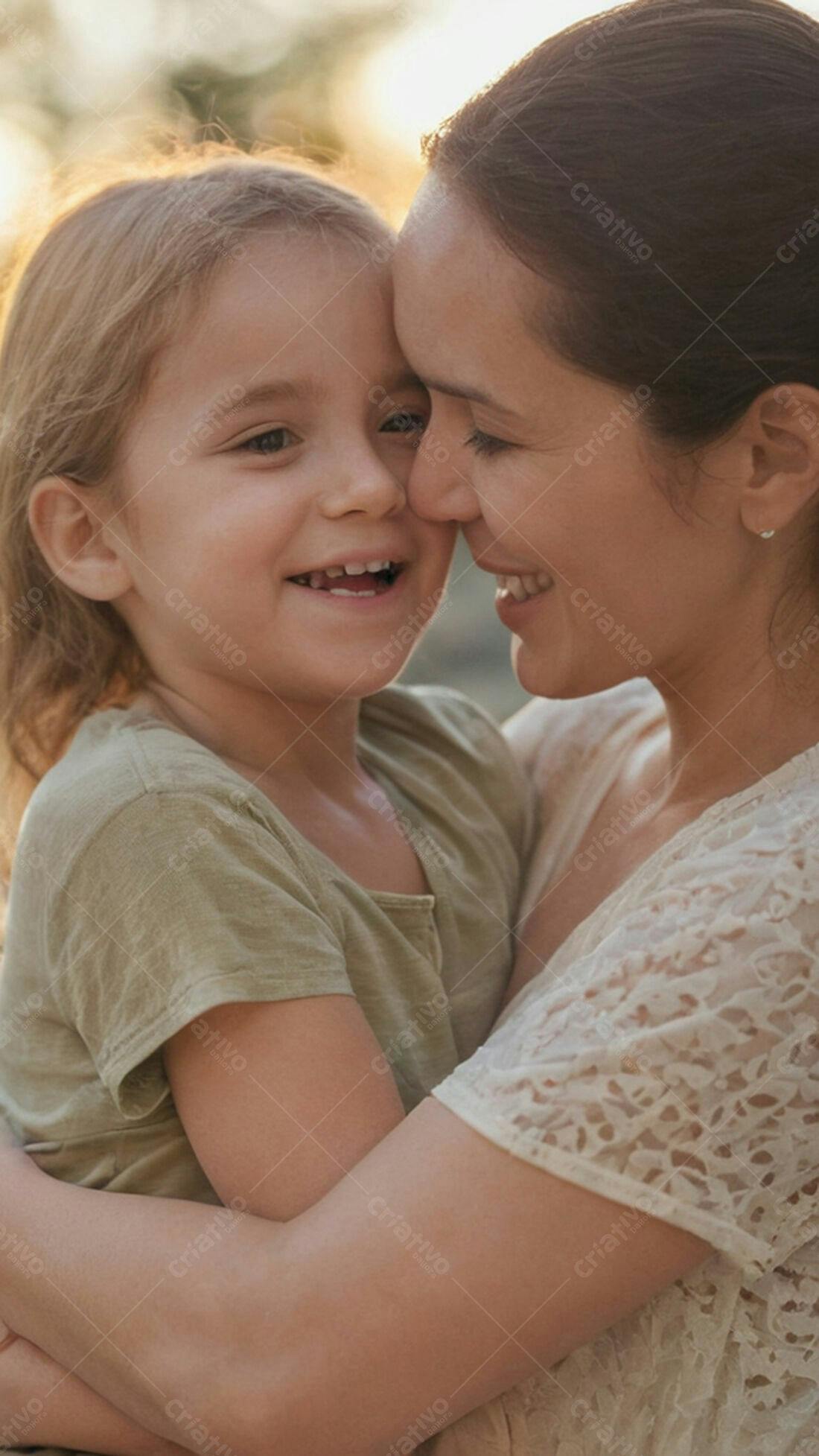 Mãe e filha abraçadas sorrindo ao ar livre