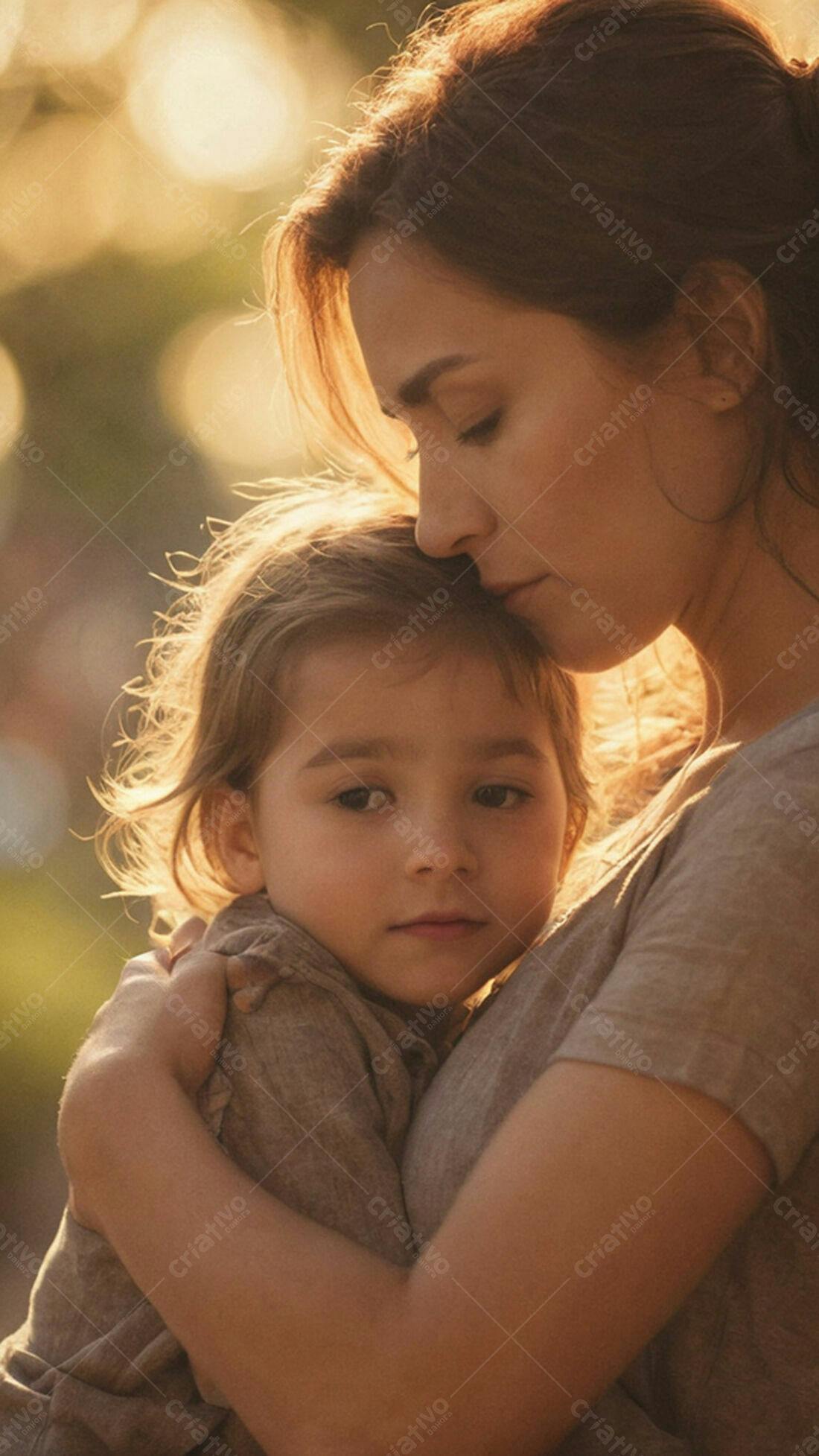 Mãe abraçando filha ao entardecer