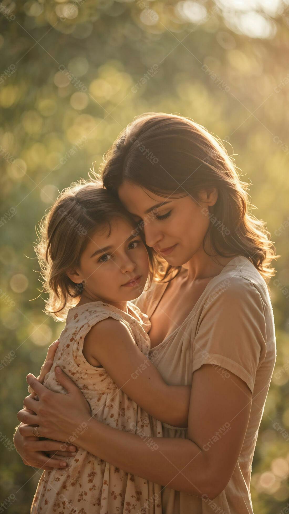 Mãe e filha abraçadas em parque ensolarado
