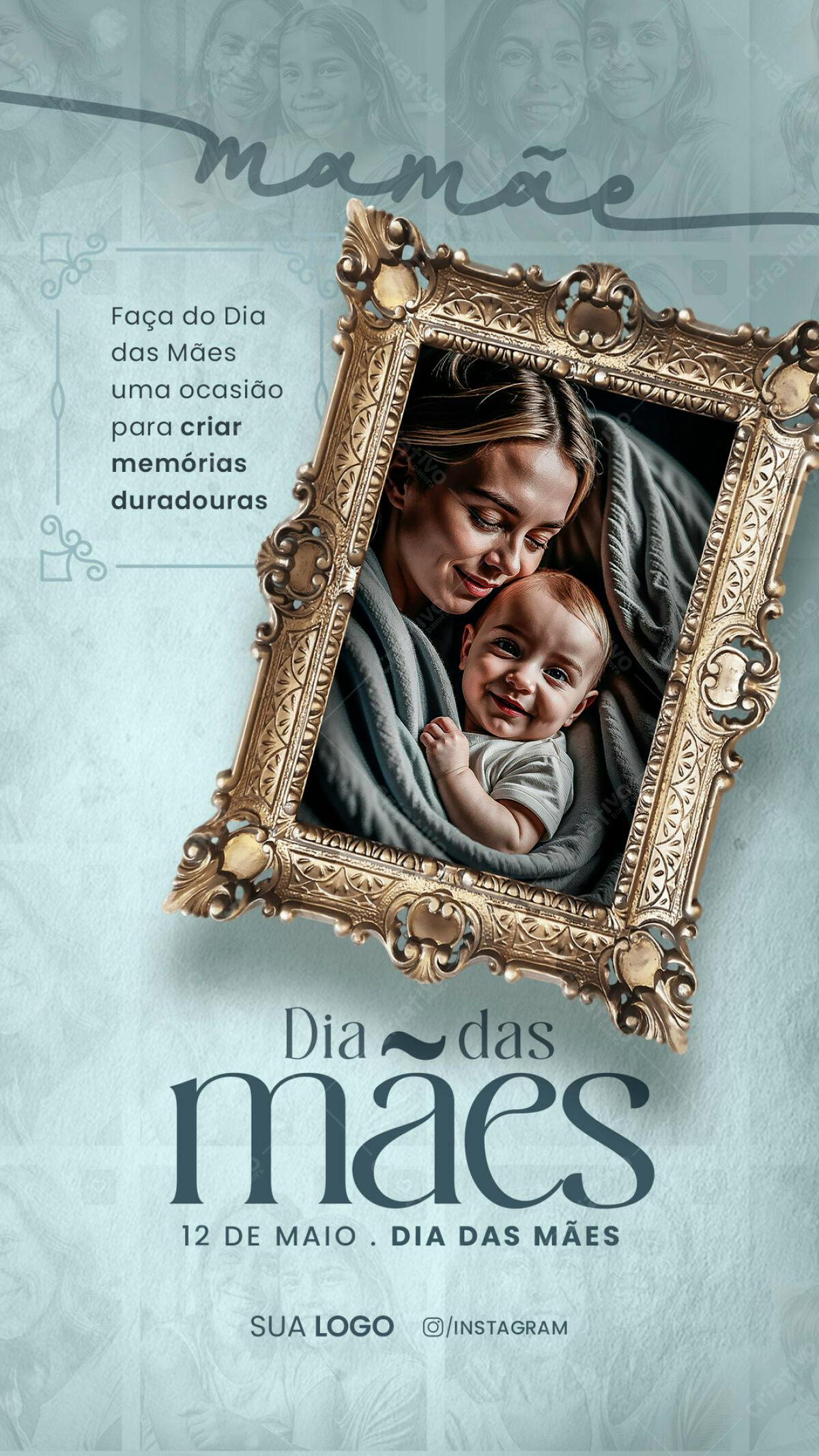 Flyer Dia das Mães com Moldura Dourada PSD Editável