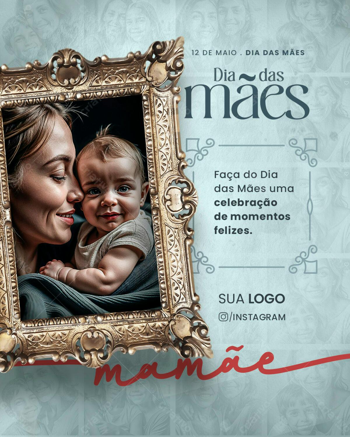Flyer Dia das Mães com Moldura Dourada PSD Editável