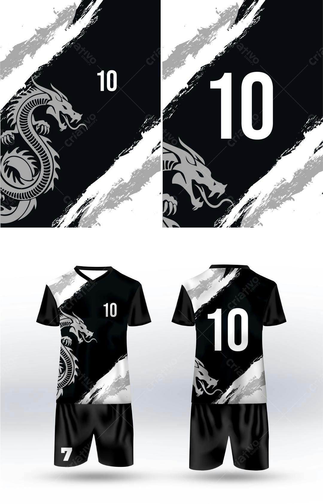 Ilustração Vetorial Uniforme Esportivo Dragão Preto e Branco