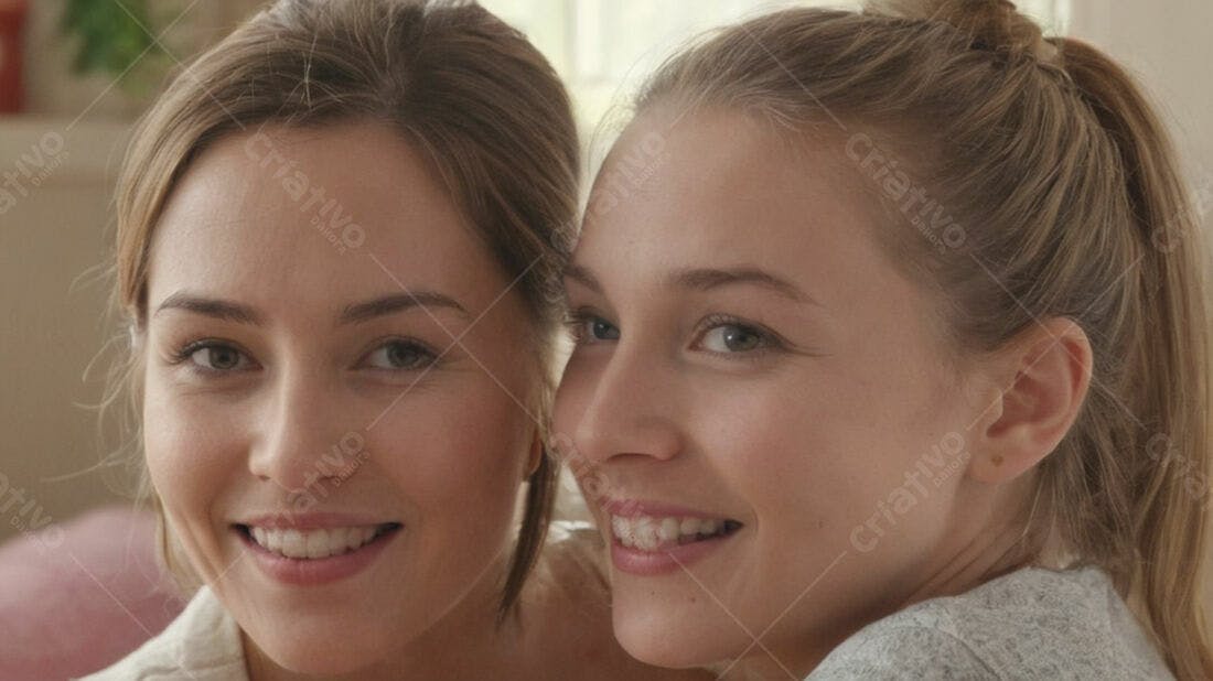 Duas mulheres sorrindo juntas em casa
