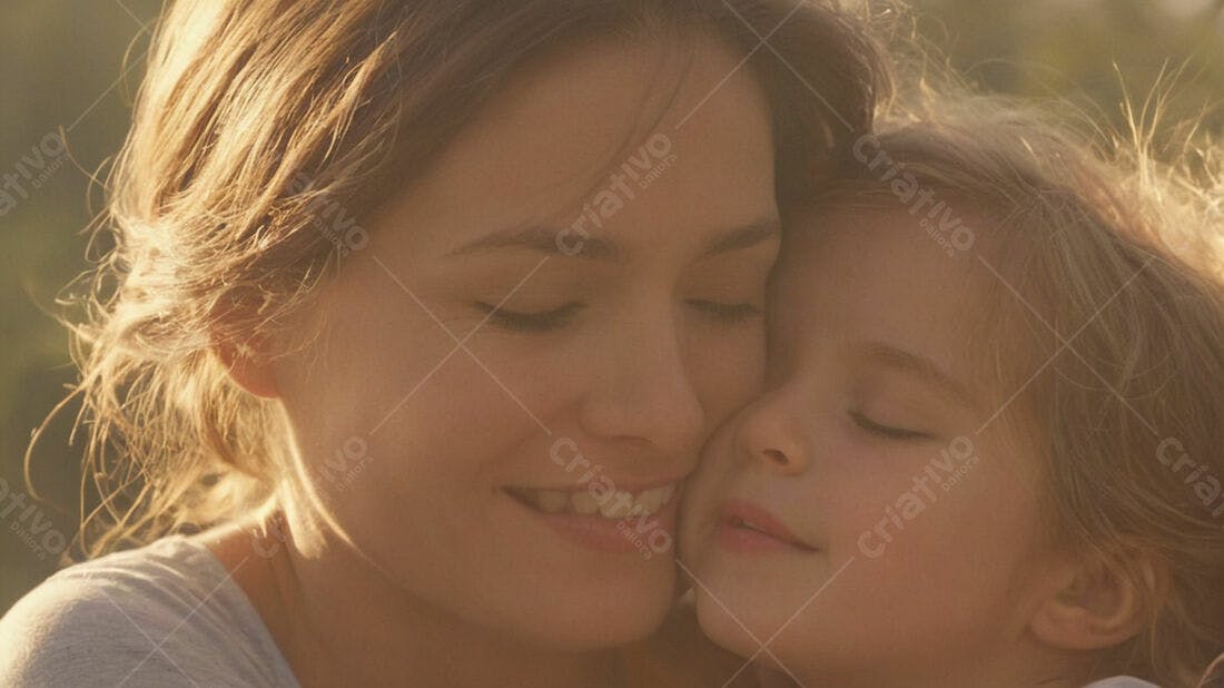 Mãe e filha abraçadas ao pôr do sol