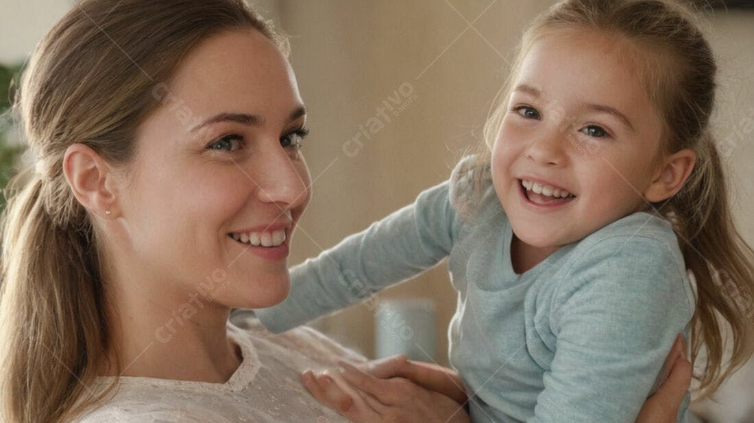 Mãe e filha sorrindo juntas em casa