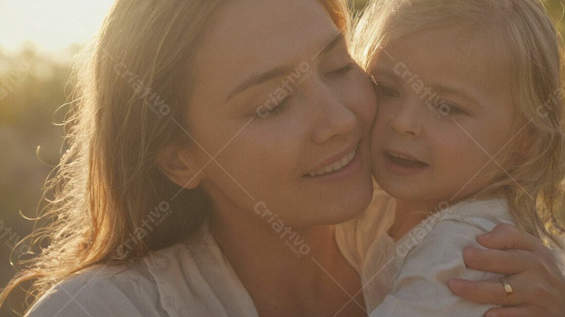 Mãe e filha abraçadas ao entardecer