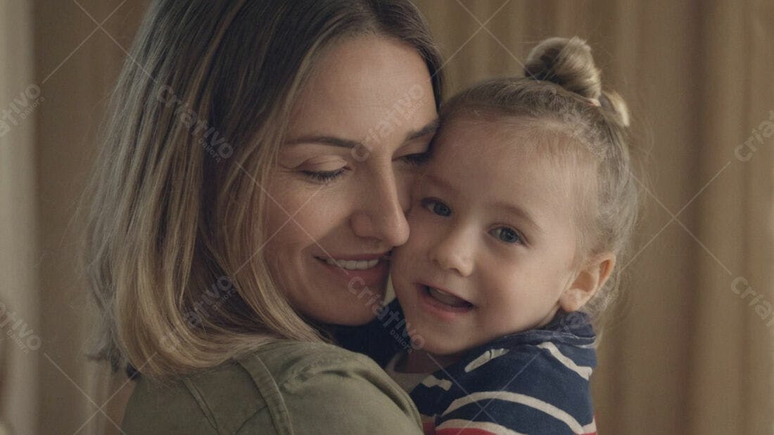 Mãe abraçando filha pequena em casa