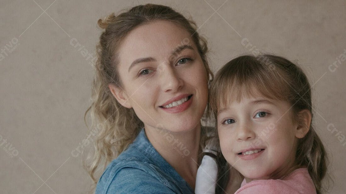 Mãe e filha sorrindo juntas retrato estúdio