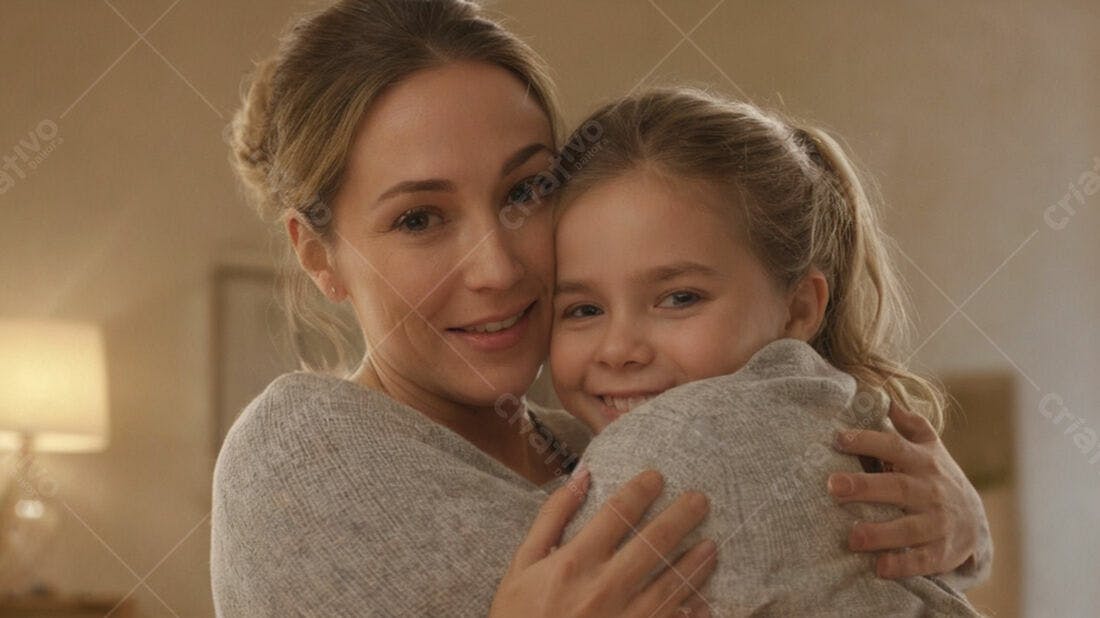 Mãe e filha abraçadas em casa