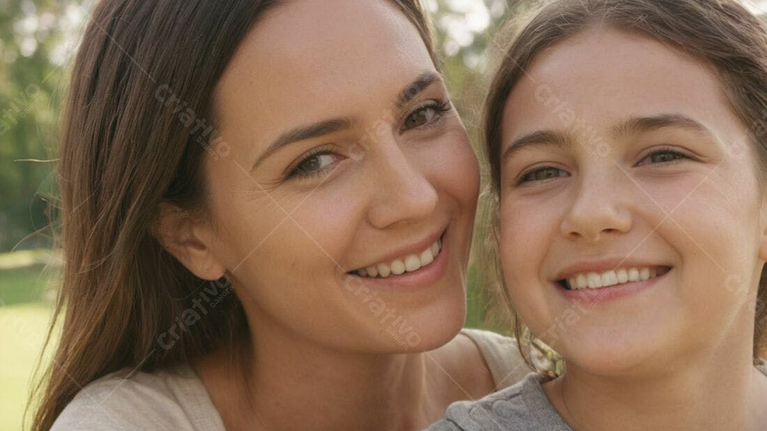 Mãe e filha sorrindo juntas ao ar livre