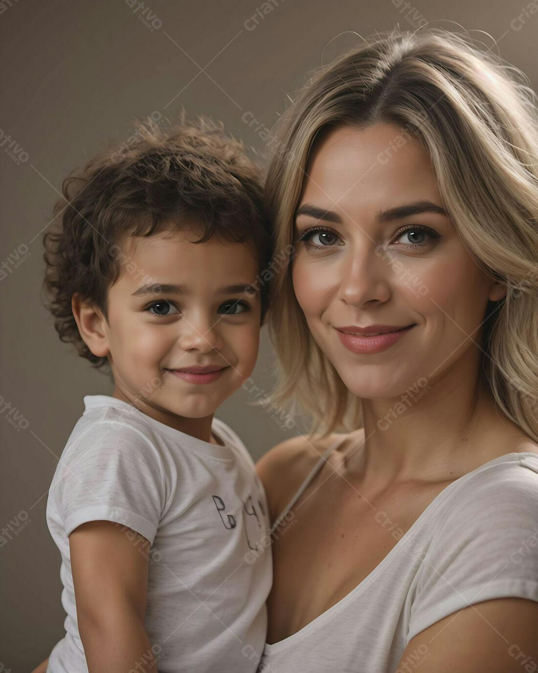 Mãe e filho sorrindo juntos retrato estúdio