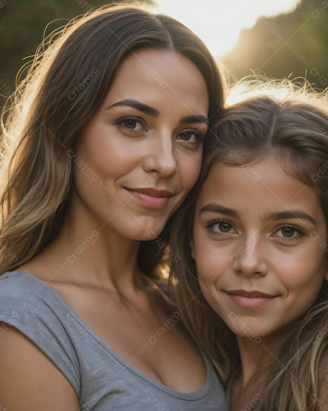 Mãe e filha abraçadas ao pôr do sol