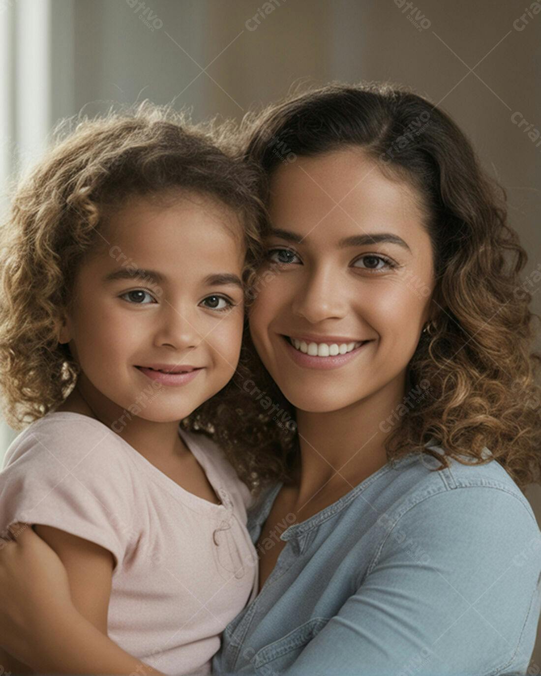Mãe e filha sorrindo juntas em casa