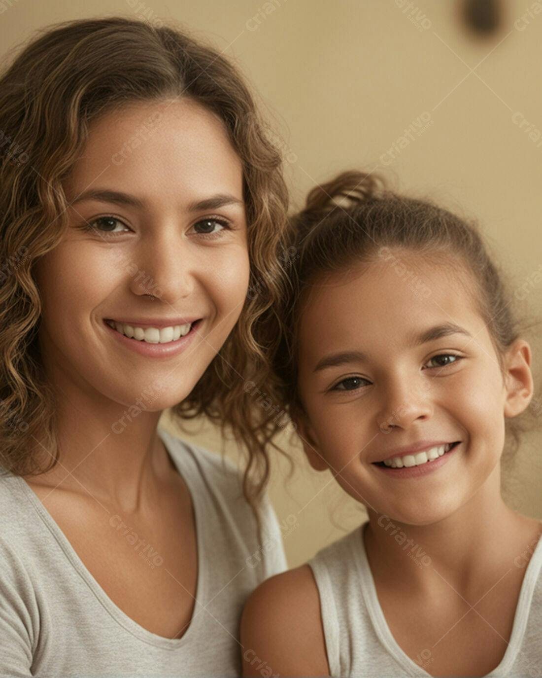 Mãe e filha sorrindo juntas em casa